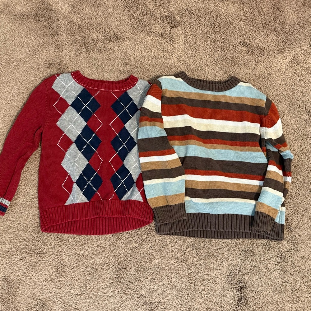 2 5T Sweaters Cherokee Red Argyle + Brown Striped Sweater